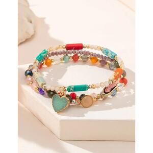 Set 3 Pcs Colorful Druzy Whimsical Heart Charm Crystal Beaded Bracelet
